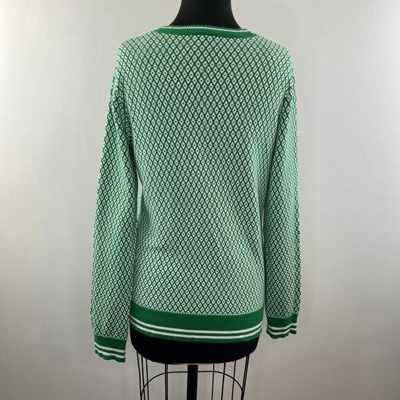 LE TIGRE Green White Diamond Print Cotton V-Neck Button Down Cardigan Sweater XL - Picture 8 of 11